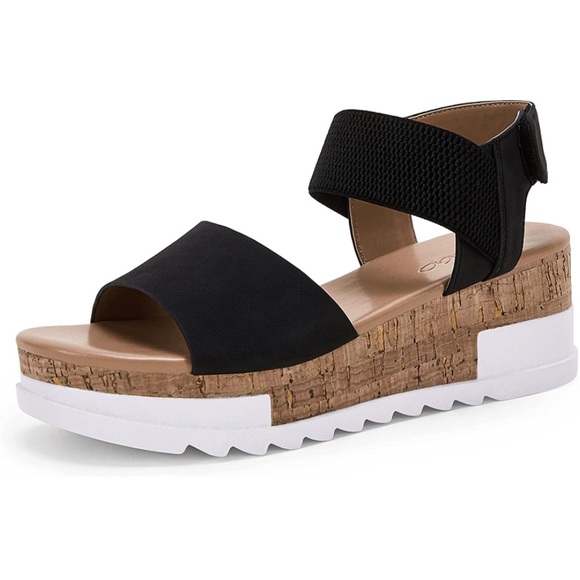 Platform Wedge Slip On Sandals Open Toe Cork Elastic Strap Cork - Picture 1 of 4